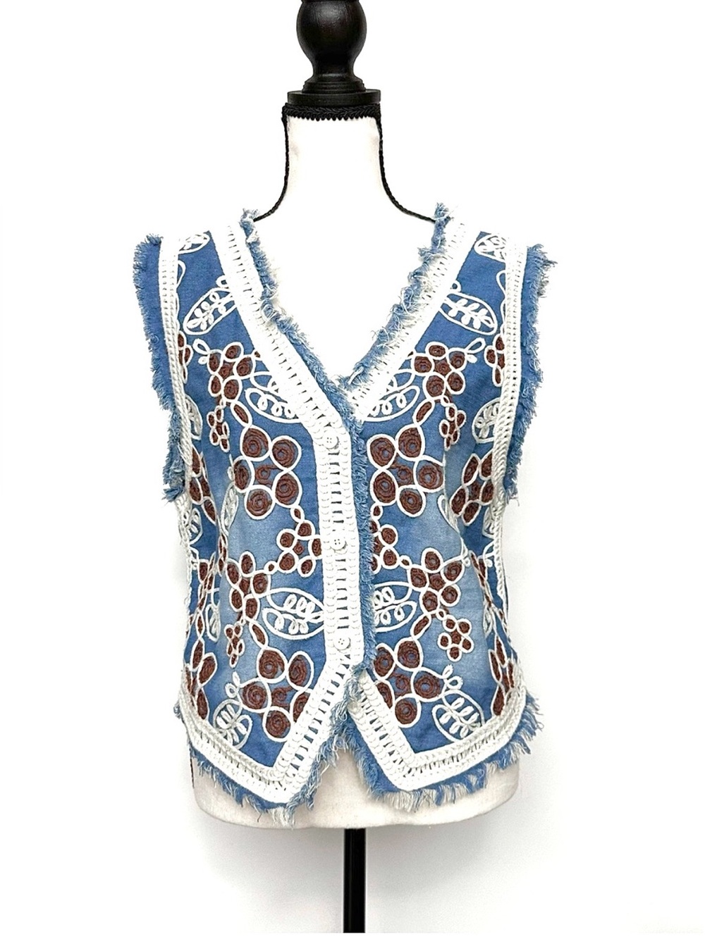 POL Crochet Floral Denim Vest